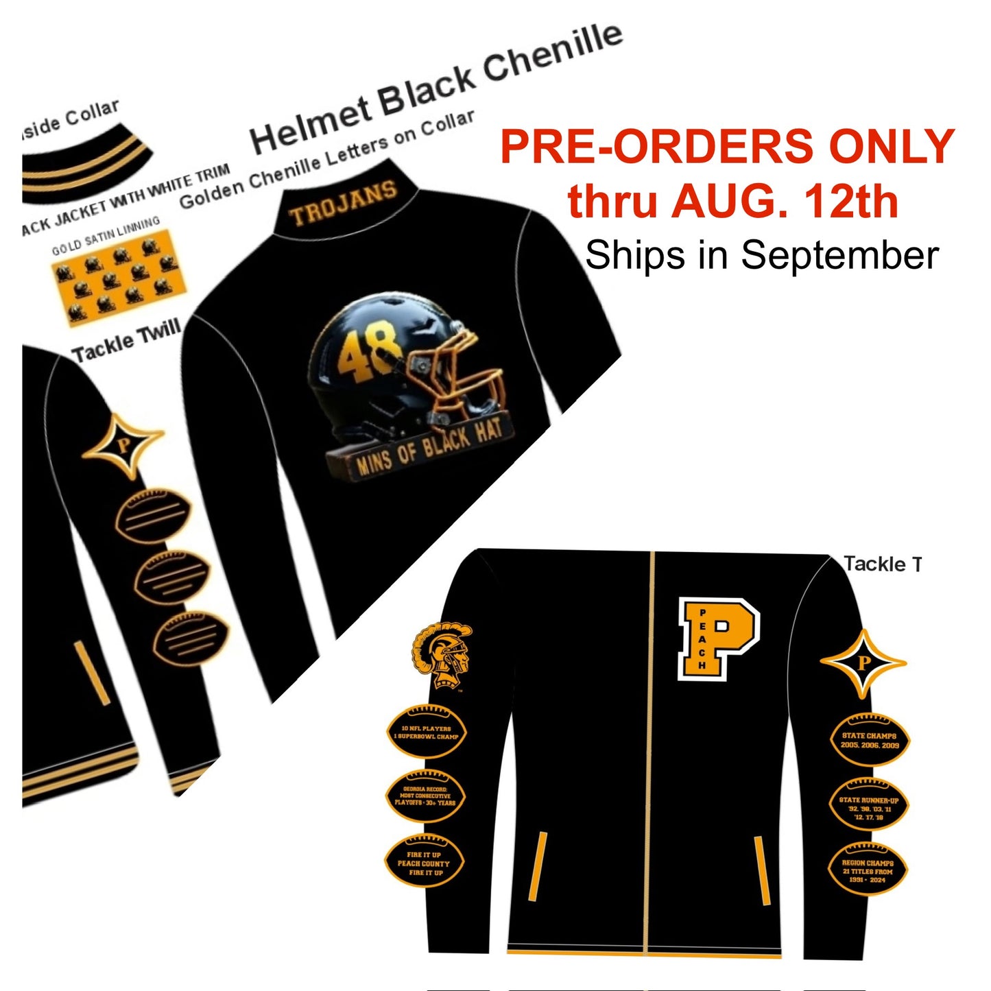 Black chenille sports jacket with gold lettering and logos, including a helmet design and 'Trojans' text.