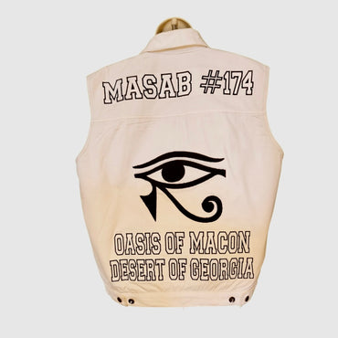 Back of DOI denim vest featuring large embroidered Eye of Horus design