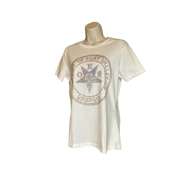 OES custom chapter bling white shirt front view
Order of the Eastern Star bling shirt rhinestone detail