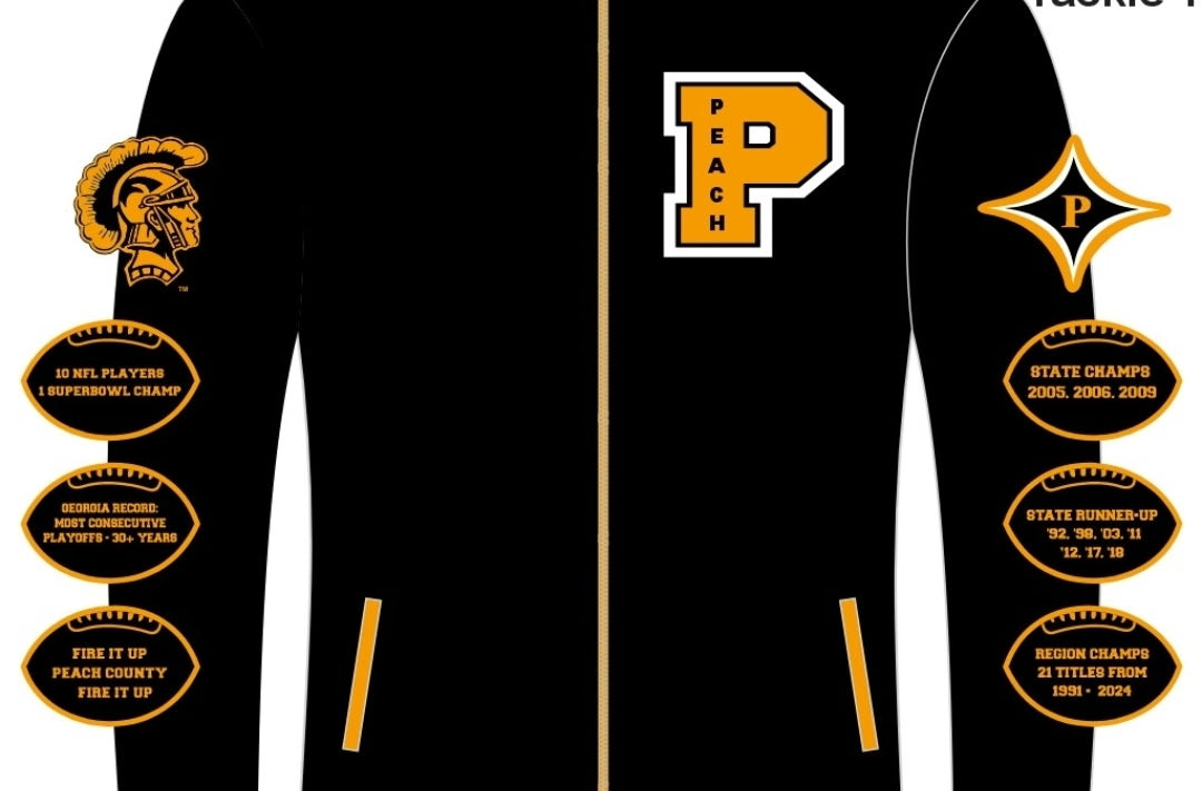 Black jacket with gold and white graphics and text on a black background
