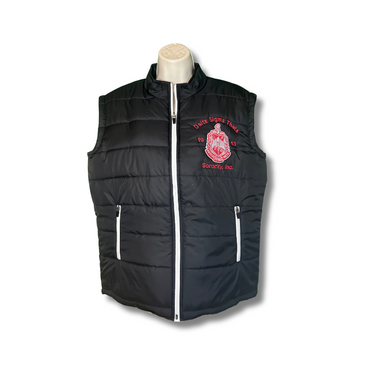 Delta Sigma Theta black puffer vest front view with embroidered logo detail