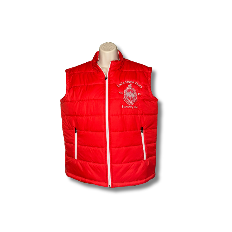 Delta Sigma Theta red puffer vest front view with embroidered logo detail
