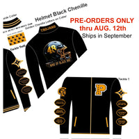 Black chenille sports jacket with gold lettering and logos, including a helmet design and 'Trojans' text.