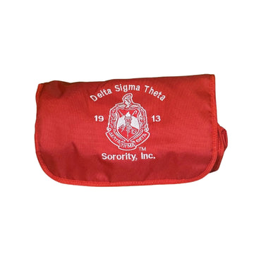 Red toiletry bag with Delta Sigma Theta Sorority, Inc. logo.  front view with embroidered crest