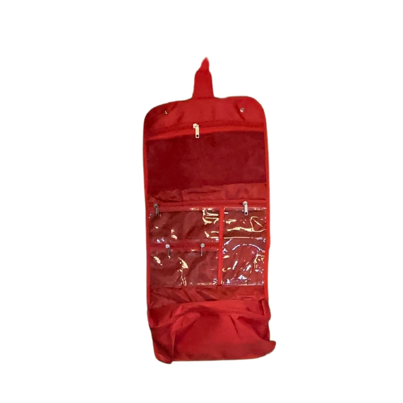 Delta Sigma Theta toiletry bag hanging hook view with clear pockets
